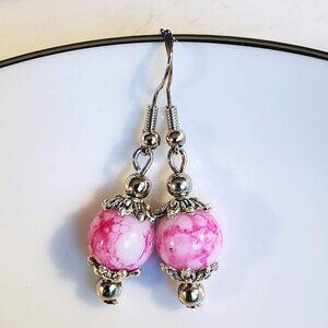 Art Nouveau Mottled Pink White Glass Beads Antiqued Silver Earrings